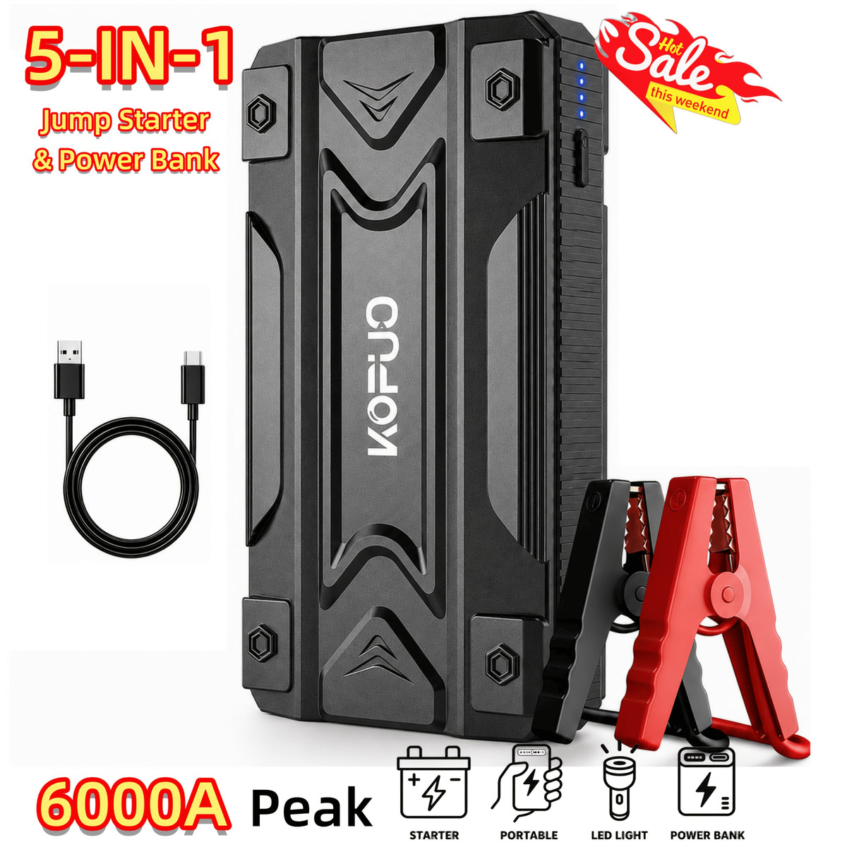 Portable Car Jump Starter 20000A Peak with Air Compressor, 7-in-1 Jump Starter Battery Pack 150PSI Tire Inflator, Power Bank, LED Light & Safety Hammer for 12V Gas & Diesel Engines – Roadside Emergency Kit