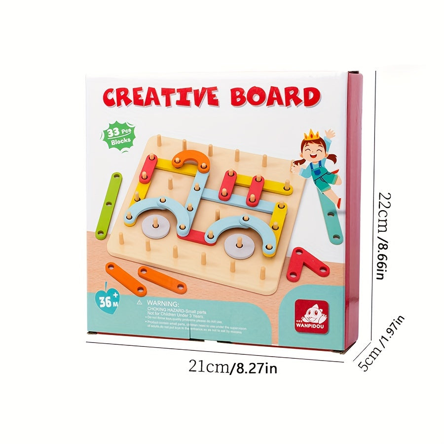 Wooden Nail Board Puzzle Toy for Kids – Creative Geoboard with Letters Numbers & Geometric Shapes, Montessori Sensory Educational Toy, Parent-Child Building Activity, Birthday Halloween Christmas Gift for Boys Girls