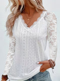Women's Contrast Lace V-Neck Eyelet Long Sleeve T-Shirt - Elegant Floral Lace Trim Casual Top for Spring Fall