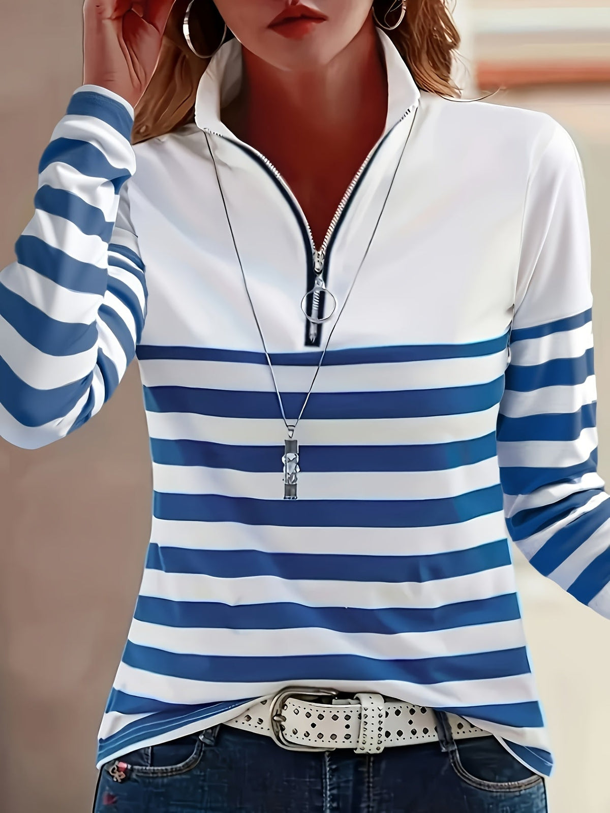 Striped Print Long Sleeve Zip Up Stand Collar T-Shirt Women Casual Top – Black Bars Red Blue Light Green Stripes S-XXL
