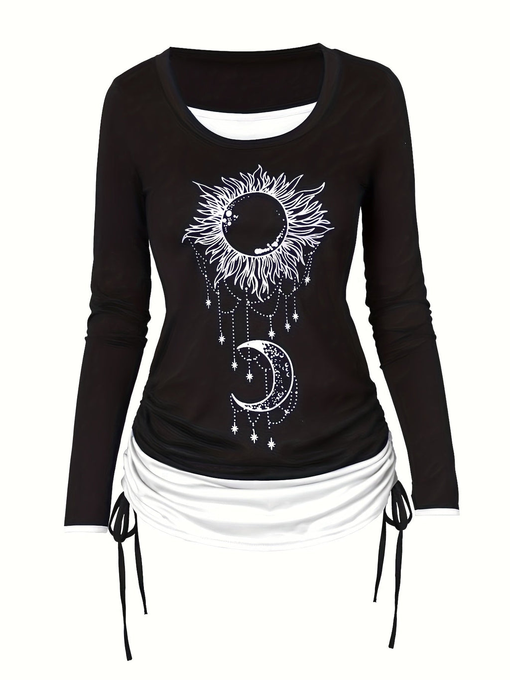 Women's Moon Sun Print Long Sleeve T-Shirt Colorblock Ruched Side Tie Casual Top Stretch Knit 2-in-1 Style Fashion Tee S M L XL XXL