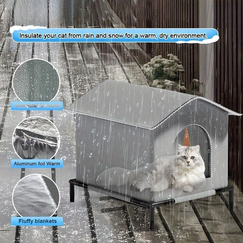 Outdoor Cat House All-Season Insulated Shelter with Stand - Oxford Cloth Cat House with Aluminum Foil Lining, Fluffy Blanket Included, Rain Snow & Wind Protection, 3 Sizes for Cats Up to 22lbs