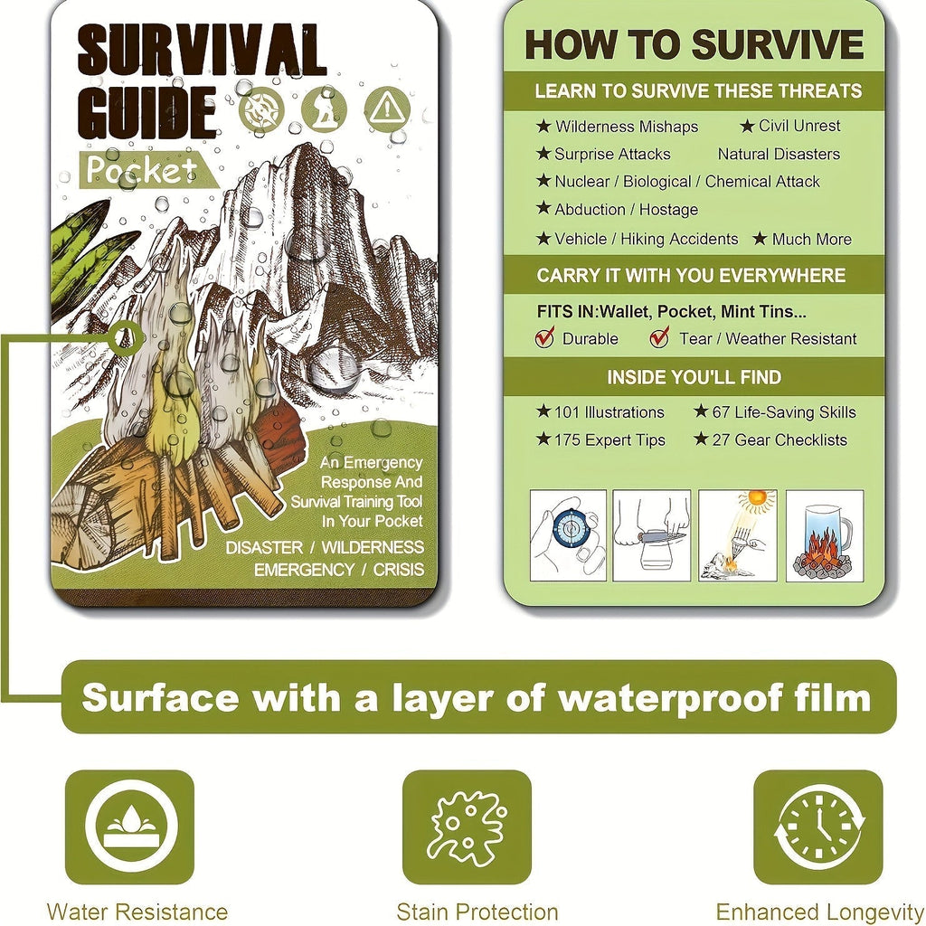 Pocket Survival Guide EDC Kit Credit Card Size 67 Survival Skills 175 Expert Tips Waterproof Cover for Field Emergency First Aid Disaster Preparedness Camping Hiking – Includes Magnifying Tool
