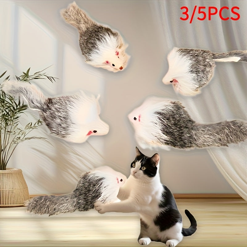 Plush Mouse Cat Toys Set 3 or 5 Pack - Realistic Simulation Long-Haired Mice with Two-Color Plastic Body, Interactive Indoor Cat Play and Exercise Toy for Kittens and Adult Cats