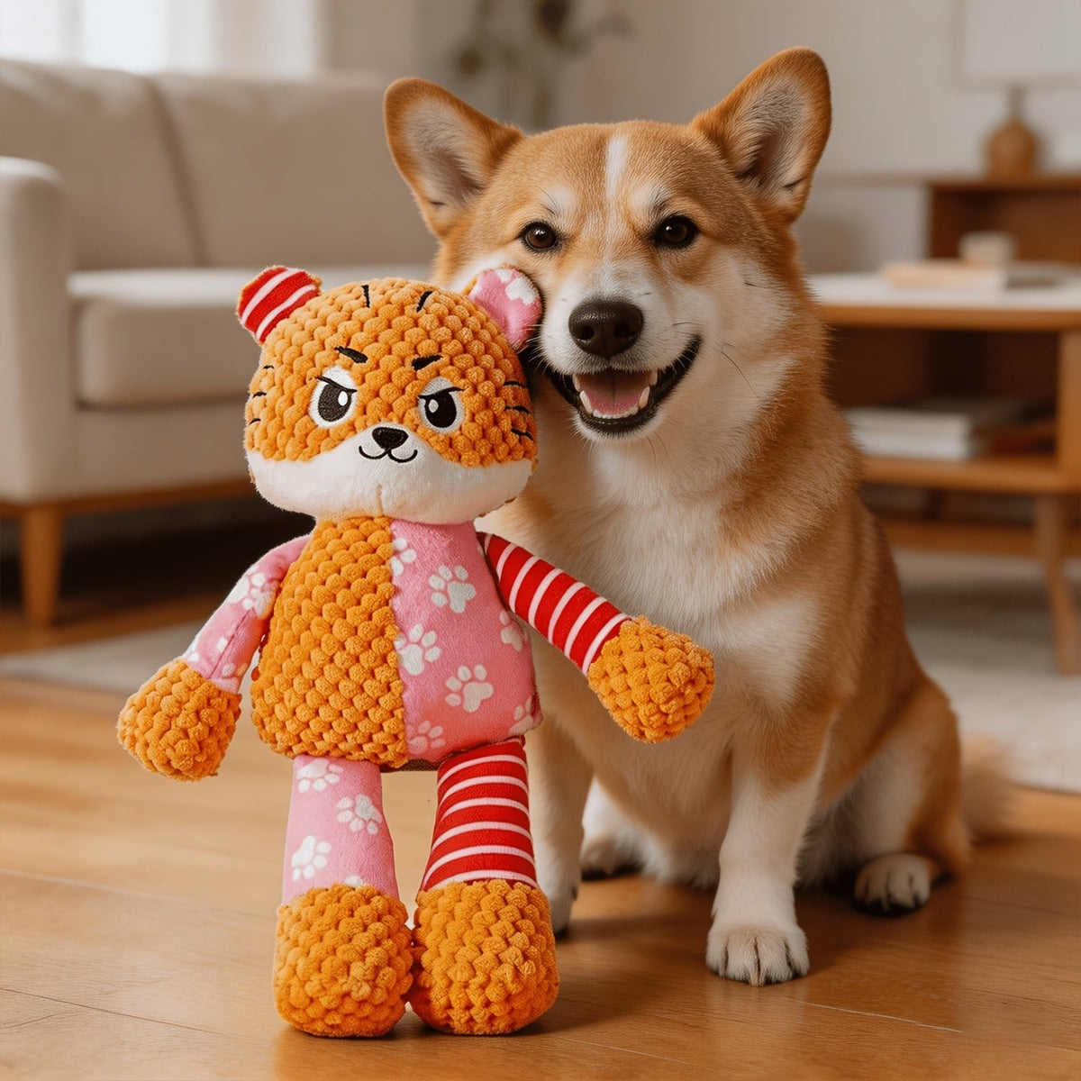Squeaky Tiger Stuffed Animal Plush Toy - Anime-Style Colorful Stripes & Polka Dots, Soft Durable Fabric, Cute Birthday Christmas Gift for Kids Toddlers Baby Shower, No Battery Required