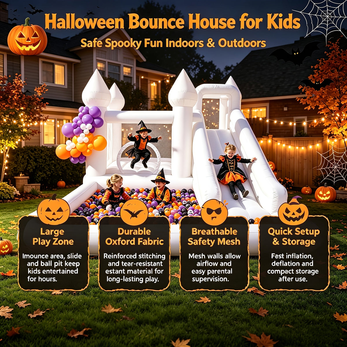 Bounce House with Blower for Kids 13x10x8 Ft – White Inflatable Bouncy Castle for Backyard, Ball Pool, Parties & Weddings, Oxford Cloth, Mesh Walls, 2-Min Setup, 200 LBS Capacity