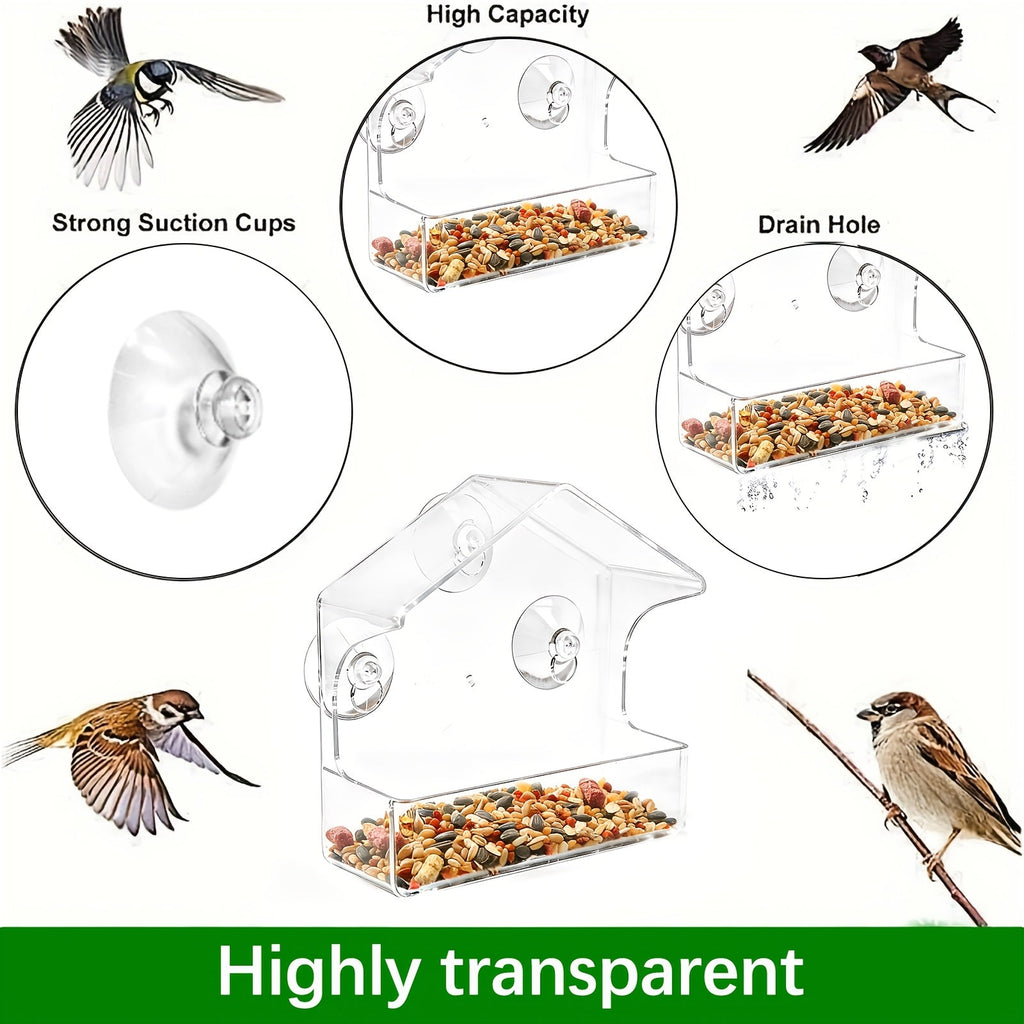 Clear Acrylic Window Bird Feeder with Suction Cups - Transparent Bird House for Outdoor Garden, Easy Clean, Up-Close Bird Watching Feeder for Windows