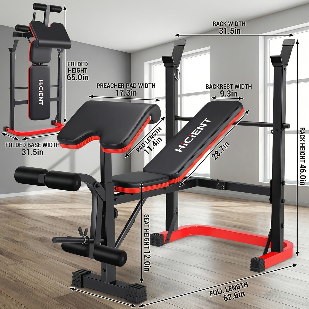 Adjustable Foldable Weight Bench Set with Squat Rack, Leg Developer & Preacher Curl Pad – All-in-One Home Gym Bench Press for Full Body Strength Training, Up to 1200 LBS