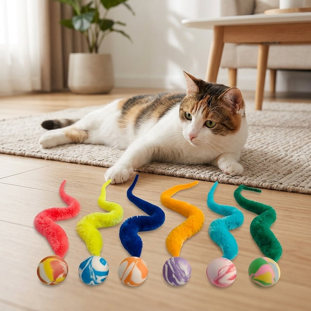 Fluffy Jumping Ball Cat Toy Set 6 Pack - Interactive Plush Bite-Resistant Caterpillar Bouncing Balls for Cats, No Batteries Required, Colorful Exercise Pet Toy for Indoor Cats and Kittens