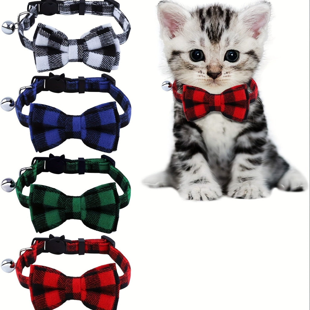 Cat Collars with Bells 4 Pack - Adjustable 7.5-12 Inch Plaid Breakaway Safety Buckle Collar with Bell & Bow for Kittens and Small Dogs, Cute Plaid Pattern, Comfortable Fabric, Multi-Color Set