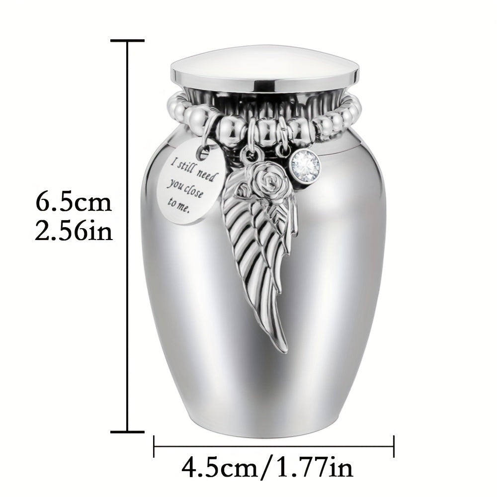 Mini Keepsake Cremation Urn with Wing Charm – 2.56 Inch Aluminum Alloy Memorial Ash Holder with I Am Always with You Engraving, Small Human Ashes Urn for Remembrance & Sympathy Gift, Silver