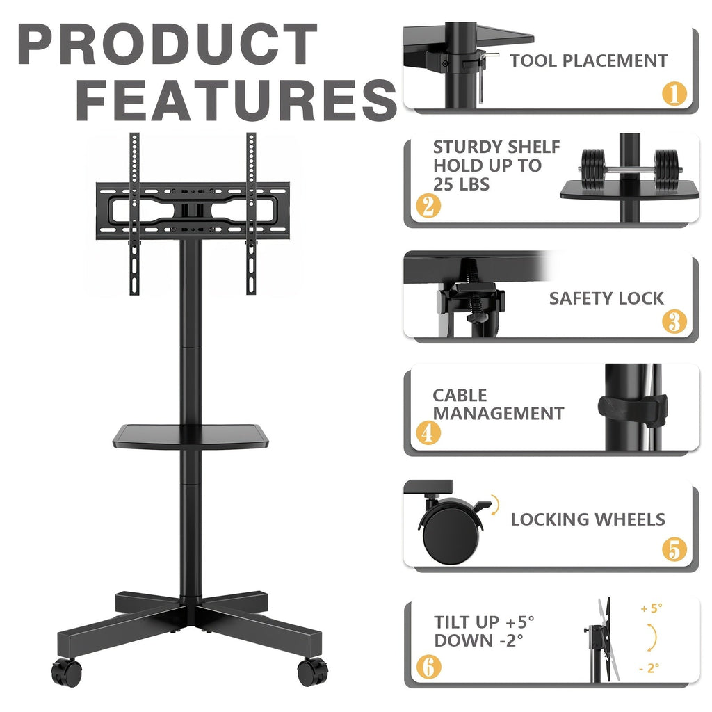 Rolling TV Stand Cart on Wheels for 23–60 Inch TVs – Height Adjustable, 88lb Capacity, VESA 400x400, Media Shelf, 360° Locking Wheels, No Wall Drilling, Mobile TV Mount