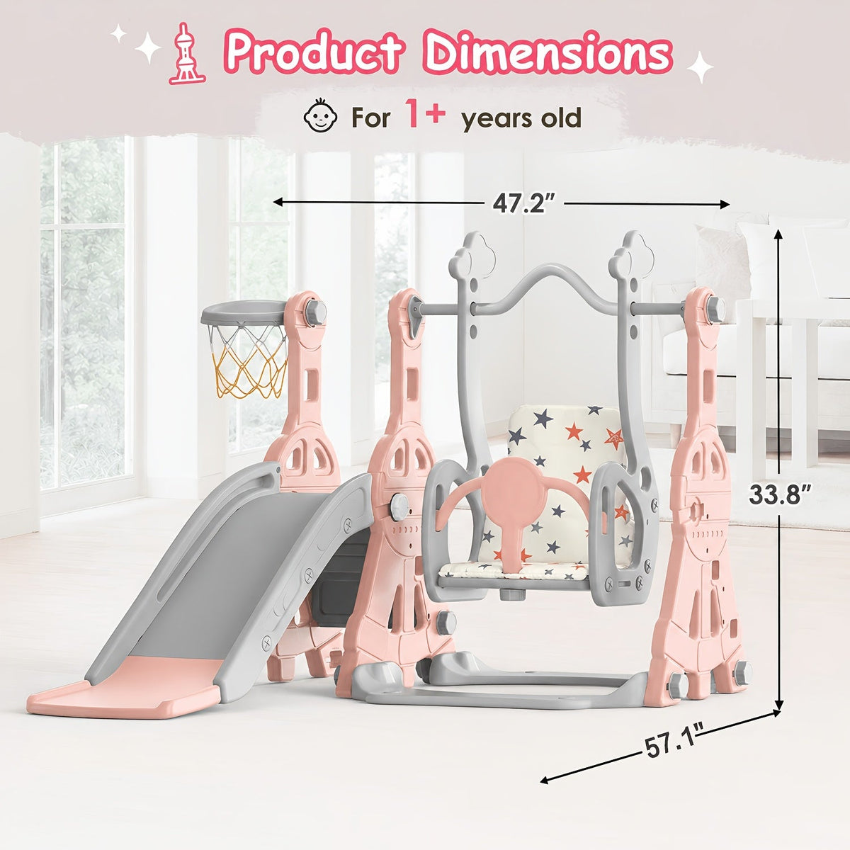 Toddler Slide and Swing Set 4-in-1 Heavy-Duty Indoor Outdoor Kids Playset with Extended Slide Adjustable Padded Swing Basketball Hoop & Enclosed Steps – Ages 1-3