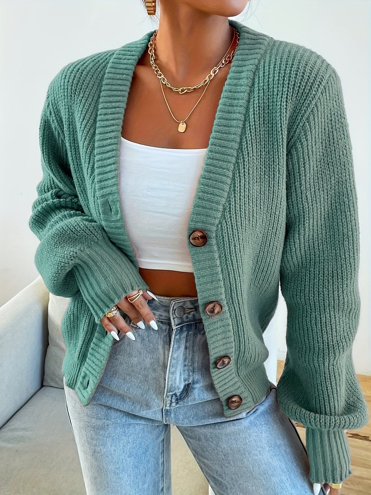 Women's Ribbed Knit Cardigan Button Front V-Neck Long Sleeve - Olive Green Loose Fit Chunky Sweater, Casual Cozy Fall Winter Layering Cardigan S-XXL