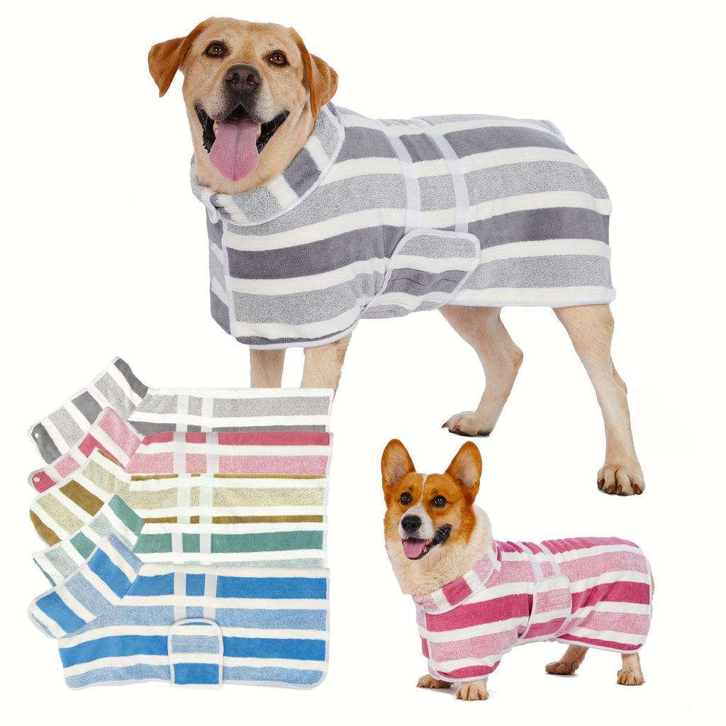 Dog Bathrobe Quick-Dry Super Absorbent Striped Pet Drying Towel Robe – Adjustable Belly Band, Ultra-Soft Microfiber Bath Wrap for Small, Medium & Large Dogs, Multiple Colors, Home & Post-Bath Use