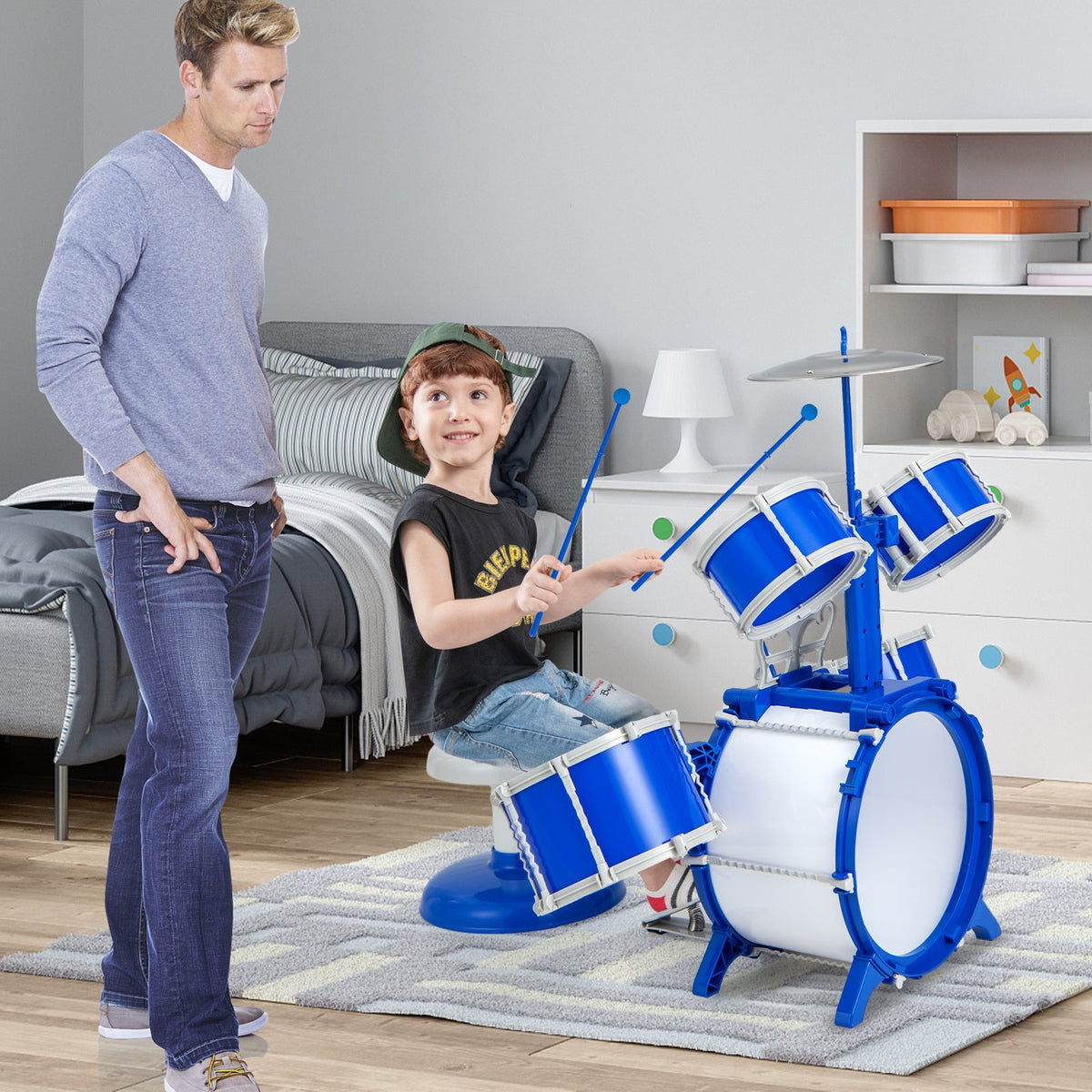 Kids Drum Set for Toddlers & Children - Complete Jazz Kit with Bass Drum, 2 Mid Drums, 2 Snare Drums, Cymbal, Spring Foot Pedal, Drumsticks, Music Stand & Stool | Beginner Percussion Gift for Boys & Girls