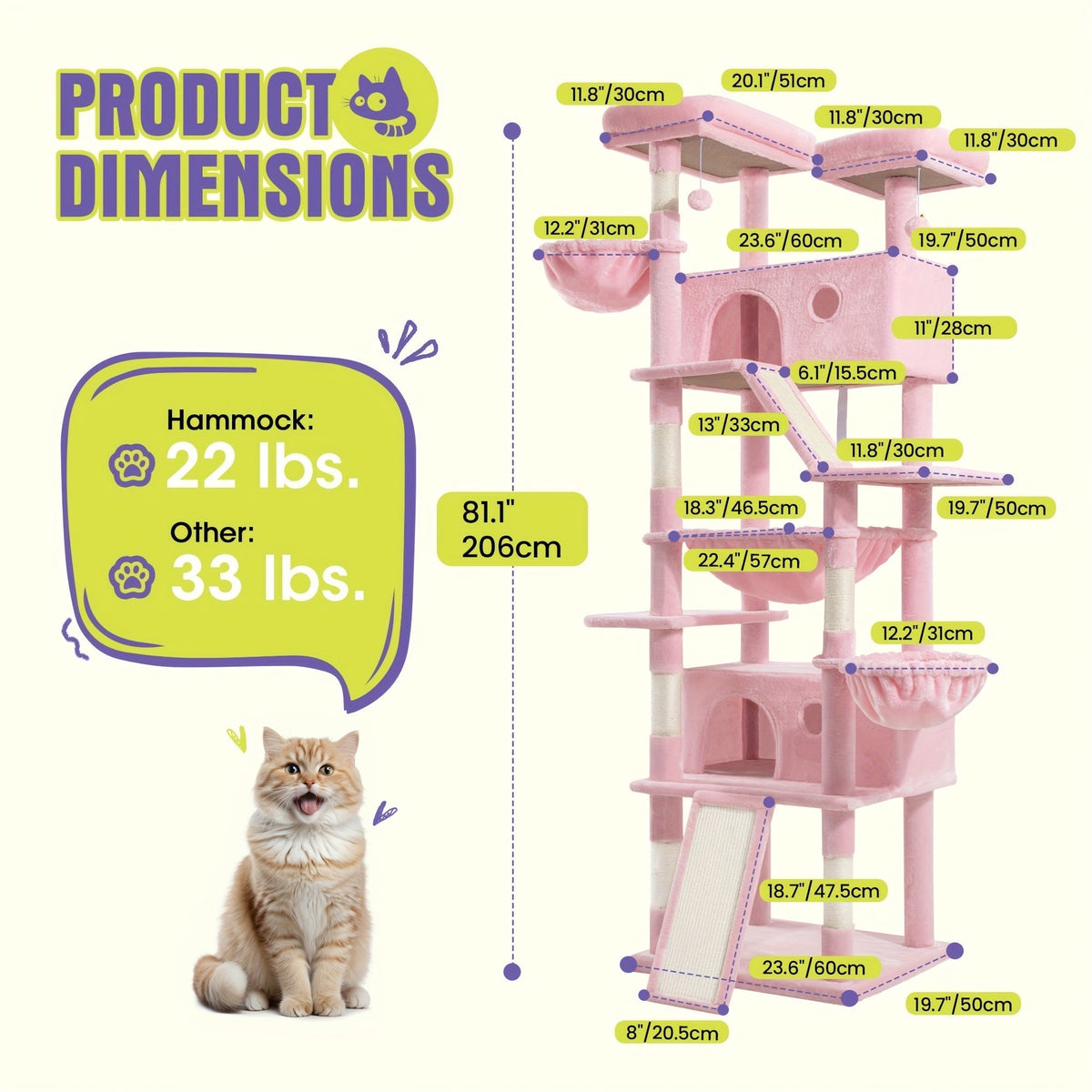 WEEWAY Corner Cat Tree Tower for Indoor Cats 36–81 Inch – Multi-Level Cat Furniture with Sisal Scratching Posts, Condo Cave, Hammock, Ramps, Plush Perches, Basket & Pompom Toys, Perfect Cat Gift