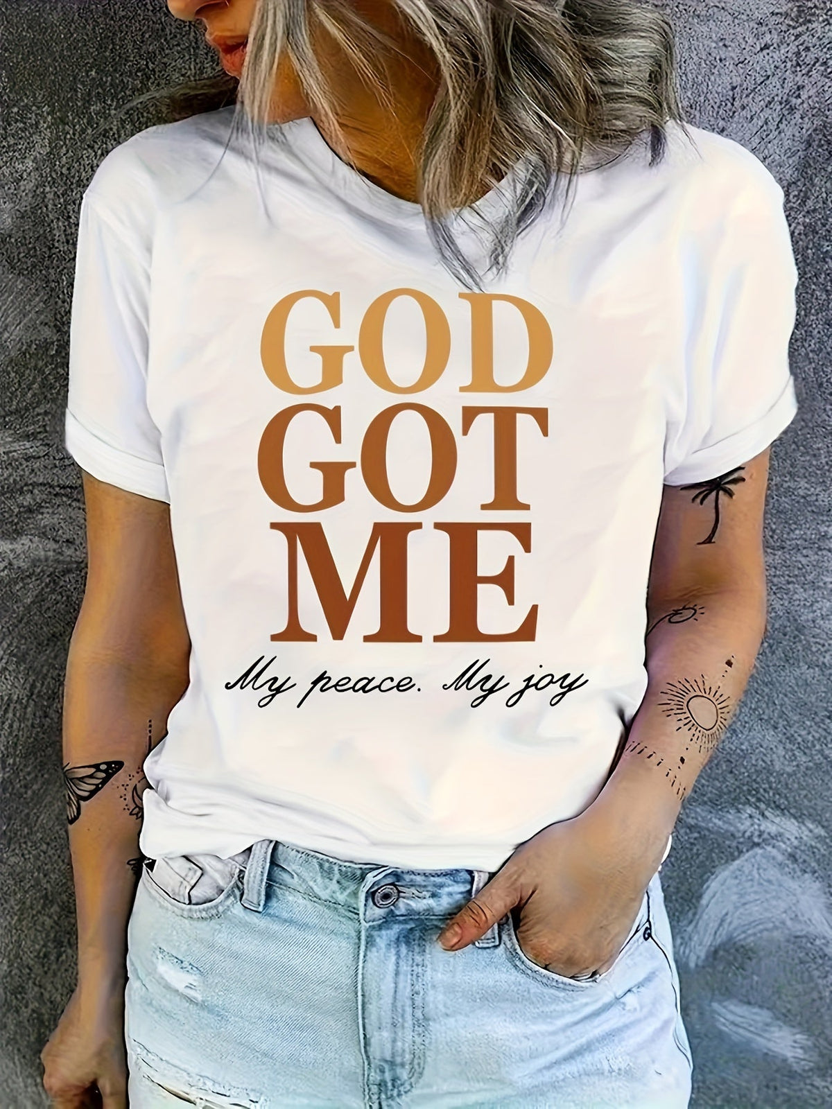 God Got Me My Peace My Joy Women's Christian Graphic T-Shirt Black Crew Neck Faith Letter Print Casual Tee for Summer Spring Fall