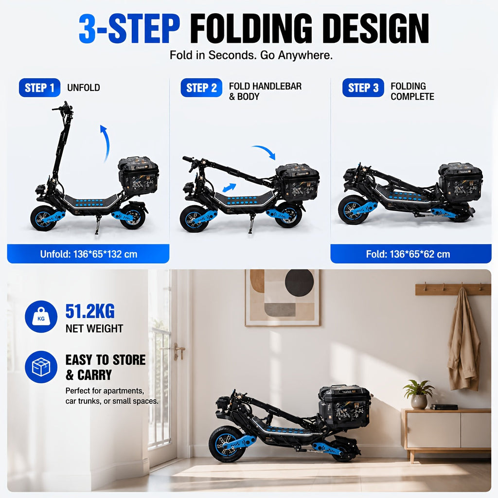60V 3000W Dual Motor Off-Road Electric Scooter – 12-Inch Fat Tires, Front & Rear Suspension, Dual Hydraulic Brakes, Foldable Design with Bluetooth Music Player for Adults