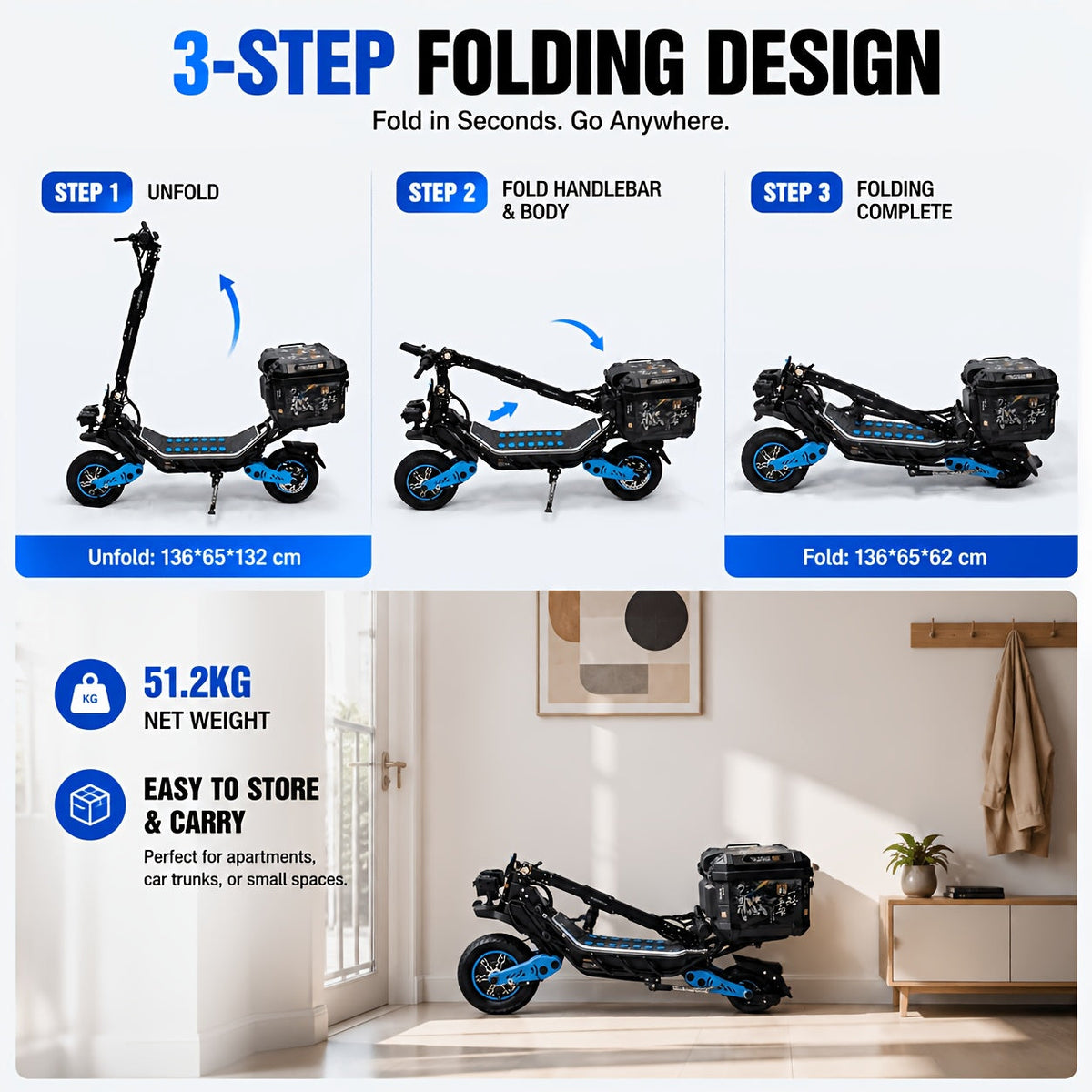 60V 3000W Dual Motor Off-Road Electric Scooter – 12-Inch Fat Tires, Front & Rear Suspension, Dual Hydraulic Brakes, Foldable Design with Bluetooth Music Player for Adults