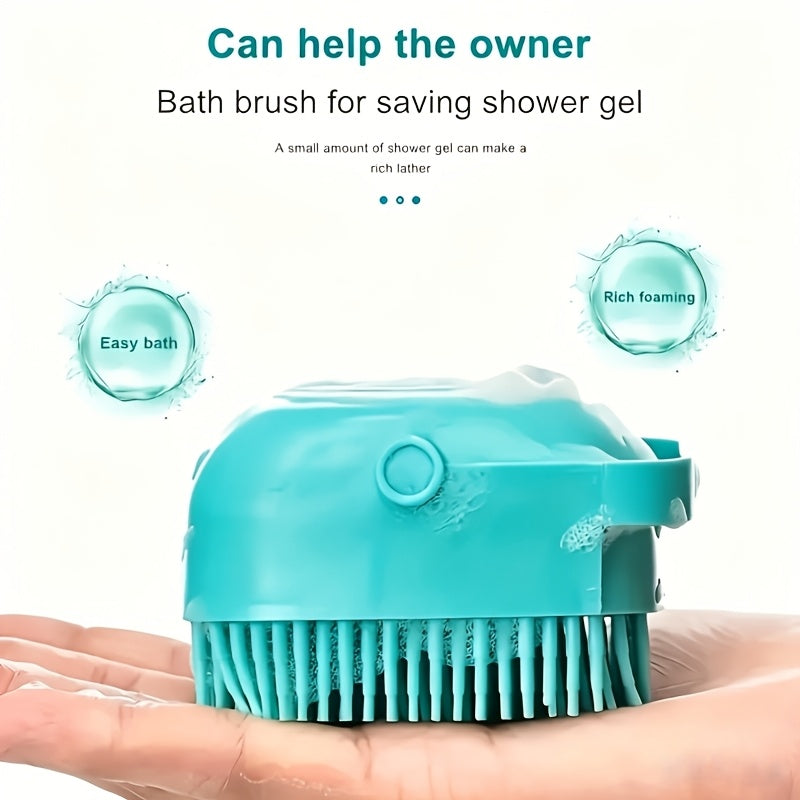 Pet Grooming Bath Brush with Built-In Shampoo Dispenser Dog Cat Massage Brush De-Shedding Scrubber Ergonomic Handle Soft Silicone Bristles for Bathing Dogs Cats Blue