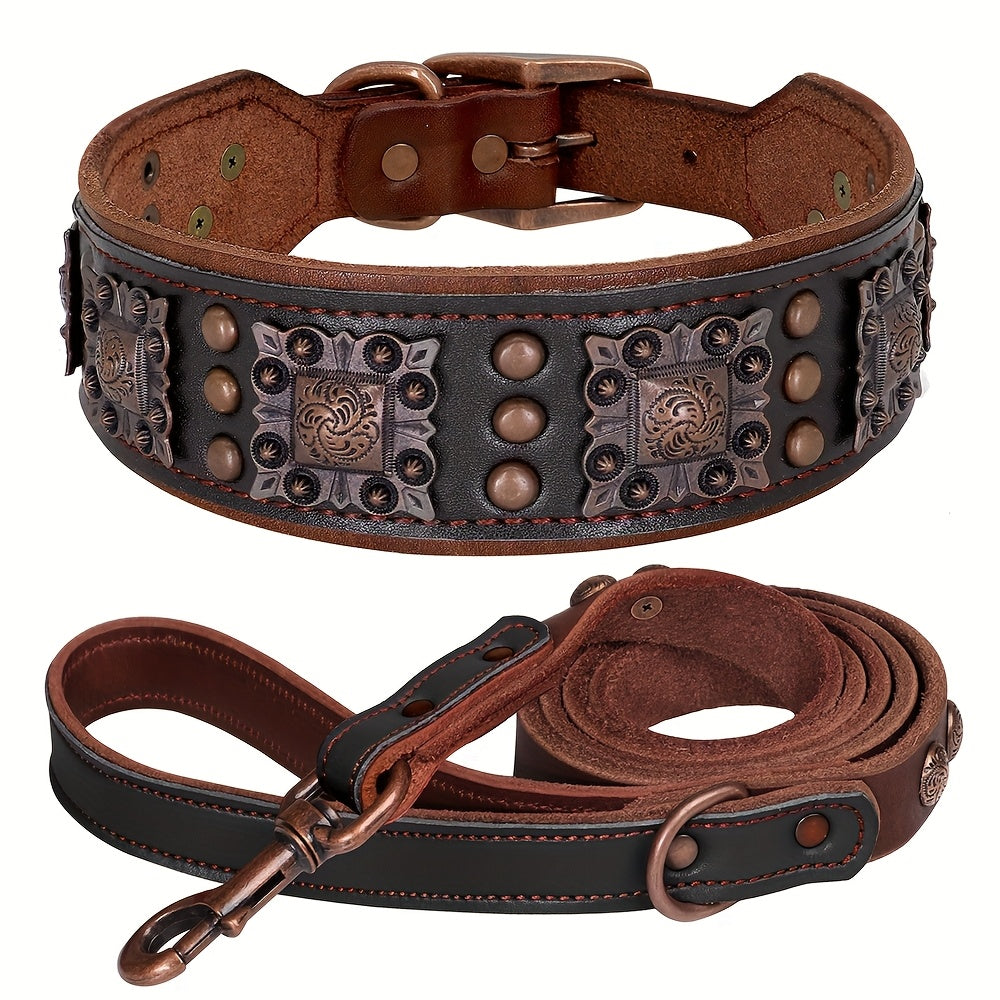 Heavy Duty Studded Leather Dog Collar for Medium and Large Dogs - Durable Real Leather with Metal Studs, Adjustable L XL XXL, 8 Colors, Strong Dog Collar for Large Breed Training Walking