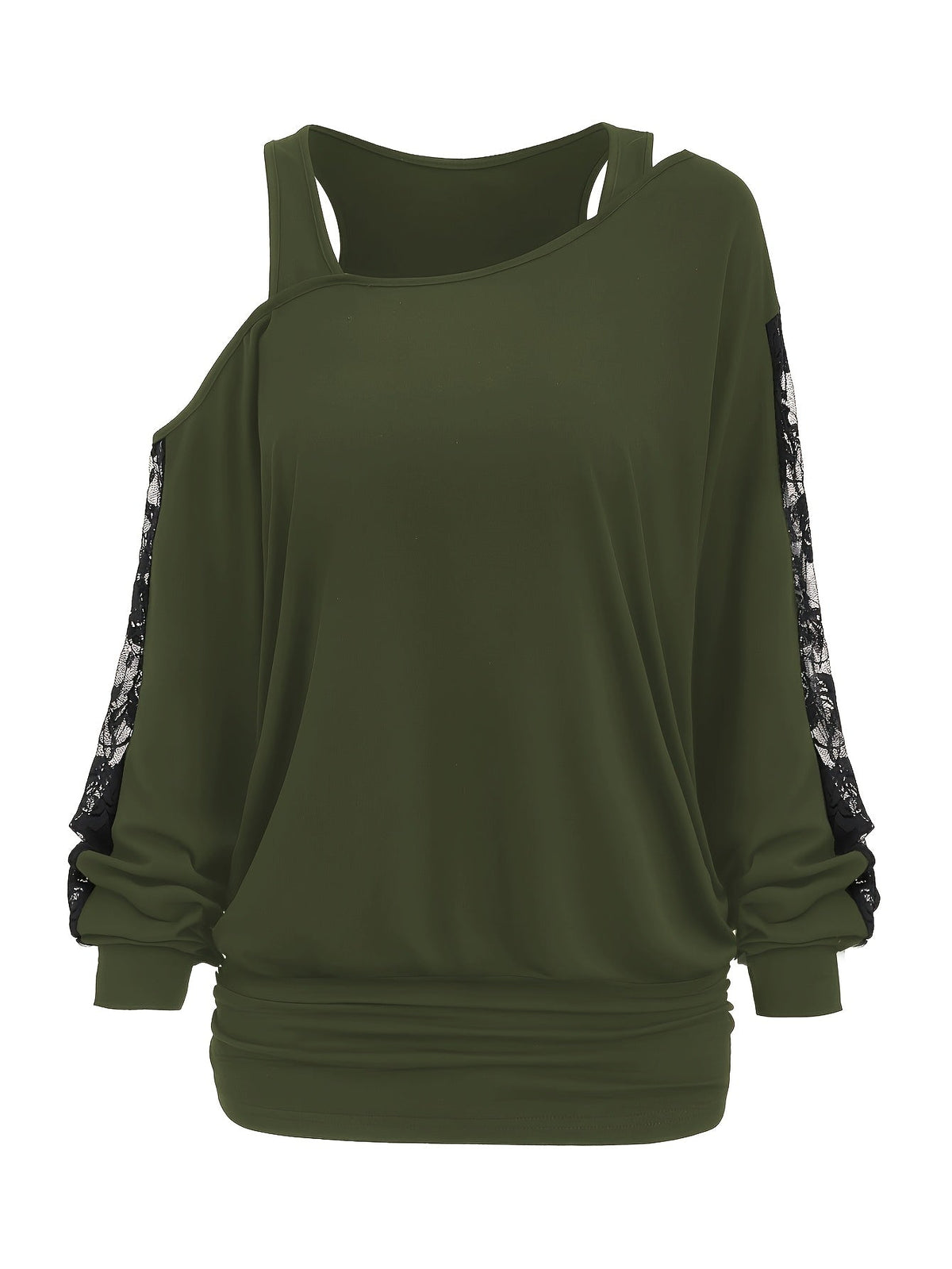 Lace Splicing Long Sleeve Top Women Casual Loose Knit Shirt Fall Winter Contrast Lace Panel Blouse Black Deep Red Olive Green Dark Gray S M L XL XXL