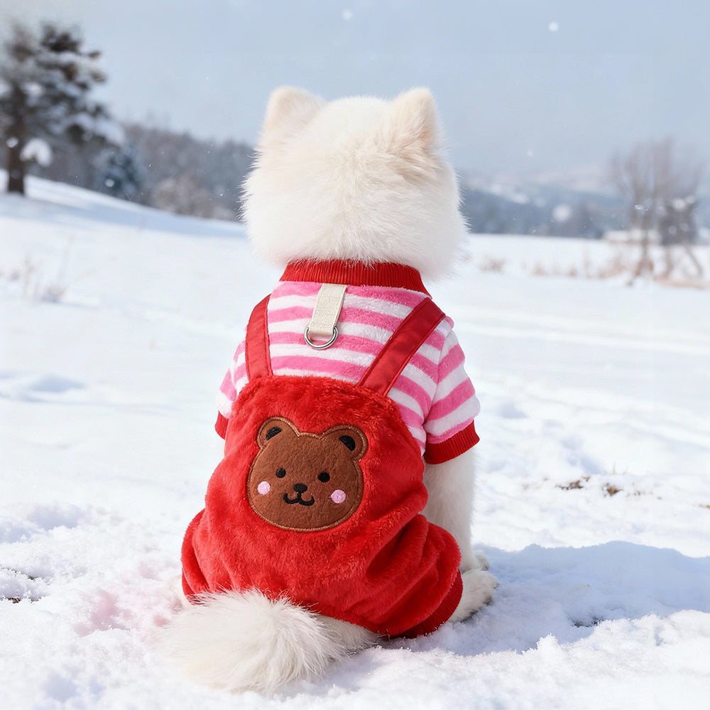Dog Winter Fleece Overalls for Small Dogs & Cats – Cute Bear Embroidered Striped Jumpsuit, Warm Cold-Weather Pet Clothes with Leash Hole, Cozy Puppy & Kitten Outfit for Outdoor Walks