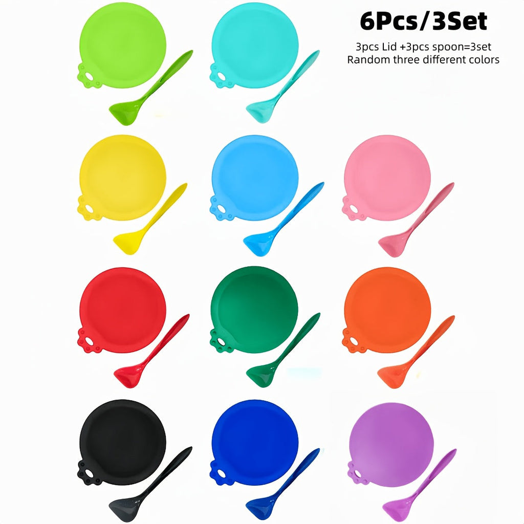 Silicone Pet Food Can Lid with Spoon 6-Piece Set - 3 Sizes Universal Fit Reusable Can Cover for Dog & Cat Wet Food, Keep Food Fresh Airtight Seal, BPA-Free Pet Feeding Spoon Combo, Random Colors