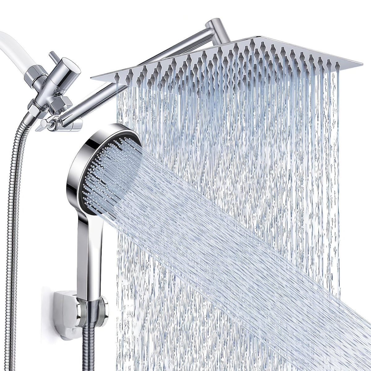 High Pressure Rainfall Handheld Shower Head Combo 11-Inch Extension Arm 9 Settings Anti-Leak Height Adjustable Chrome Matte Black