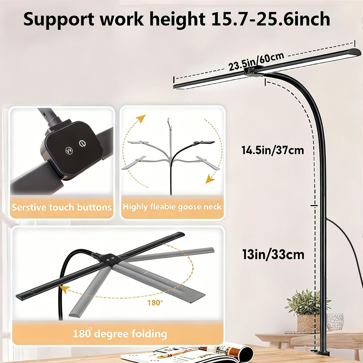 Metal Touch Control LED Desk Lamp – 360° Adjustable Gooseneck Foldable Double Head Anti-Glare USB Powered Eye-Caring Reading Light for Office, Study, Gaming & Home, Monitor Screen Lamp