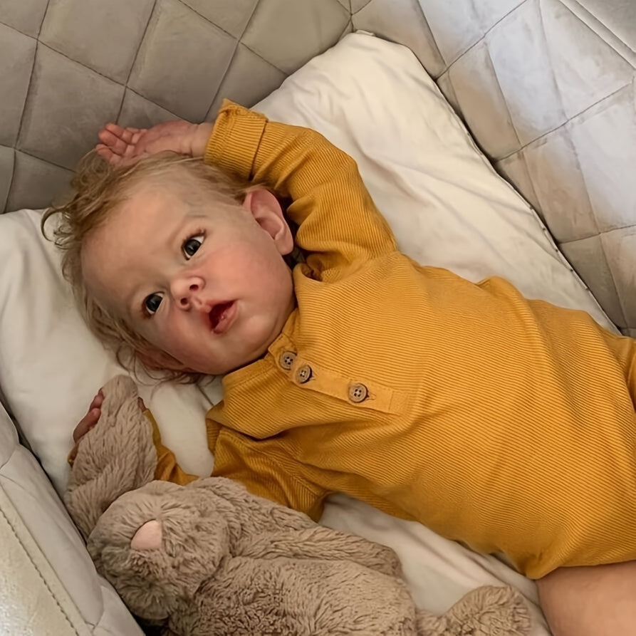 Reborn Baby Doll 27.56 Inch Realistic Soft Vinyl Cloth Body Handmade Lifelike Newborn Girl Doll with Rooted Hair Bottle Pacifier - BZDOLL Liam Blonde Toddler Art Doll Gift