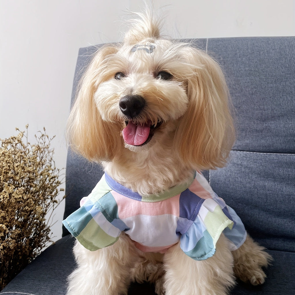Pet Plaid Skirt Dress V-Neck Flutter Sleeve Tie-Up for Dogs and Cats – Breathable Vacation Style Summer Outfit, XS to XXL, Cute Floral Sundress for Small Medium Pets, Mixed Colors