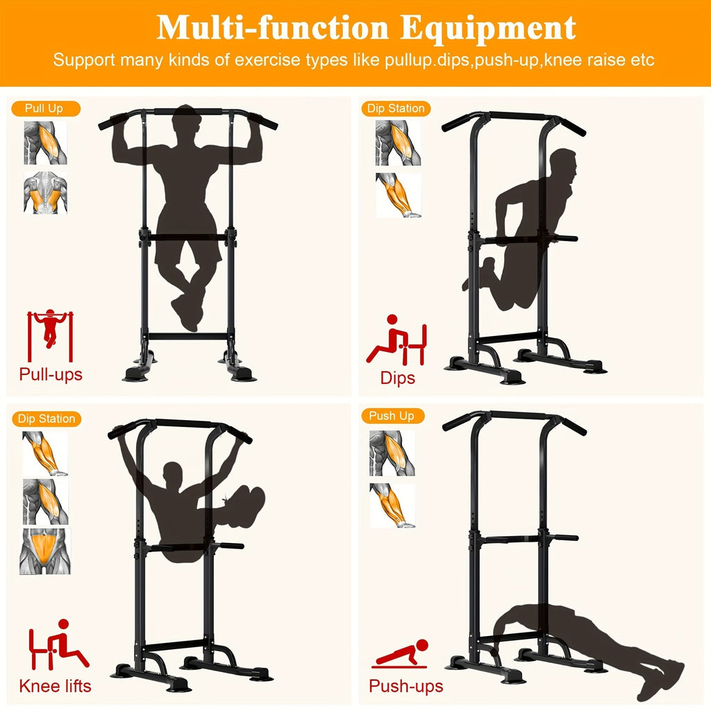 Adjustable Power Tower Dip Station Pull Up Bar for Home Gym 10 Height Levels 65-82.7 Inch 330LBS Capacity 6 Exercise Positions Full Body Strength Training Black Red Yellow Blue Pink Orange