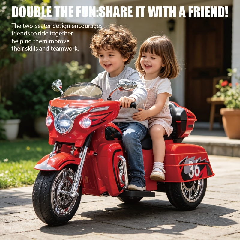 12V Kids Electric Motorcycle 2-Seat Ride On Motorbike with 3 Wheels Bluetooth USB LED Light Storage Box Safe Durable for Boys Girls Ages 3 to 8 Birthday Christmas Gift Black White Red