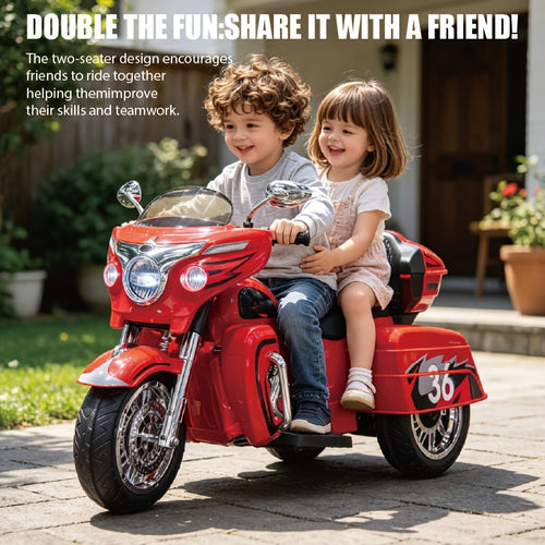 12V Kids Electric Motorcycle 2-Seat Ride On Motorbike with 3 Wheels Bluetooth USB LED Light Storage Box Safe Durable for Boys Girls Ages 3 to 8 Birthday Christmas Gift Black White Red