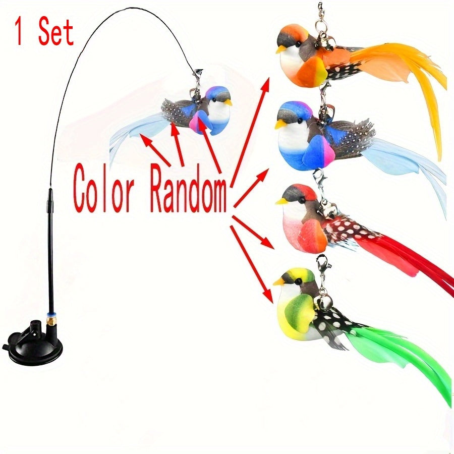 Cat Teaser Wand Toy with Simulation Bird & Suction Cup Base - Interactive Feather Bell Rod Set for Cats Kittens Hunting Exercise Solo Play No Battery Indoor Cat Toy Gift