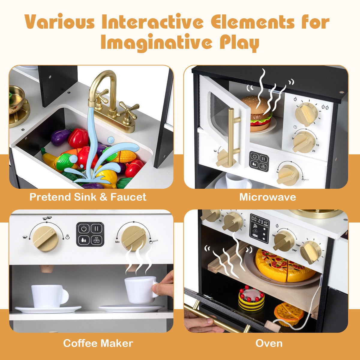 Wooden Play Kitchen for Kids with Realistic Lights – 36.5" Pretend Chef Playset with Stove, Sink, Oven, Ice Machine, Microwave & Coffee Maker, Toddler Role Play Toy Gift for Boys & Girls Ages 3+