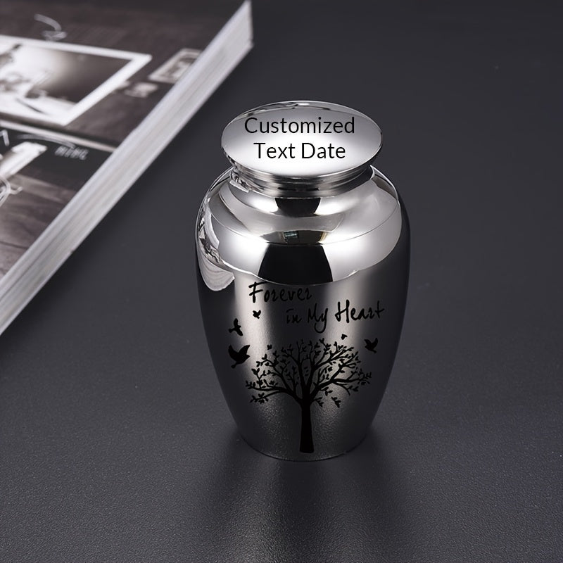 Customizable Mini Cremation Urn for Human and Pet Ashes - Tree of Life Aluminum Alloy Small Keepsake Urn, Personalized Memorial Ashes Container Forever in My Heart, Multiple Lid Colors