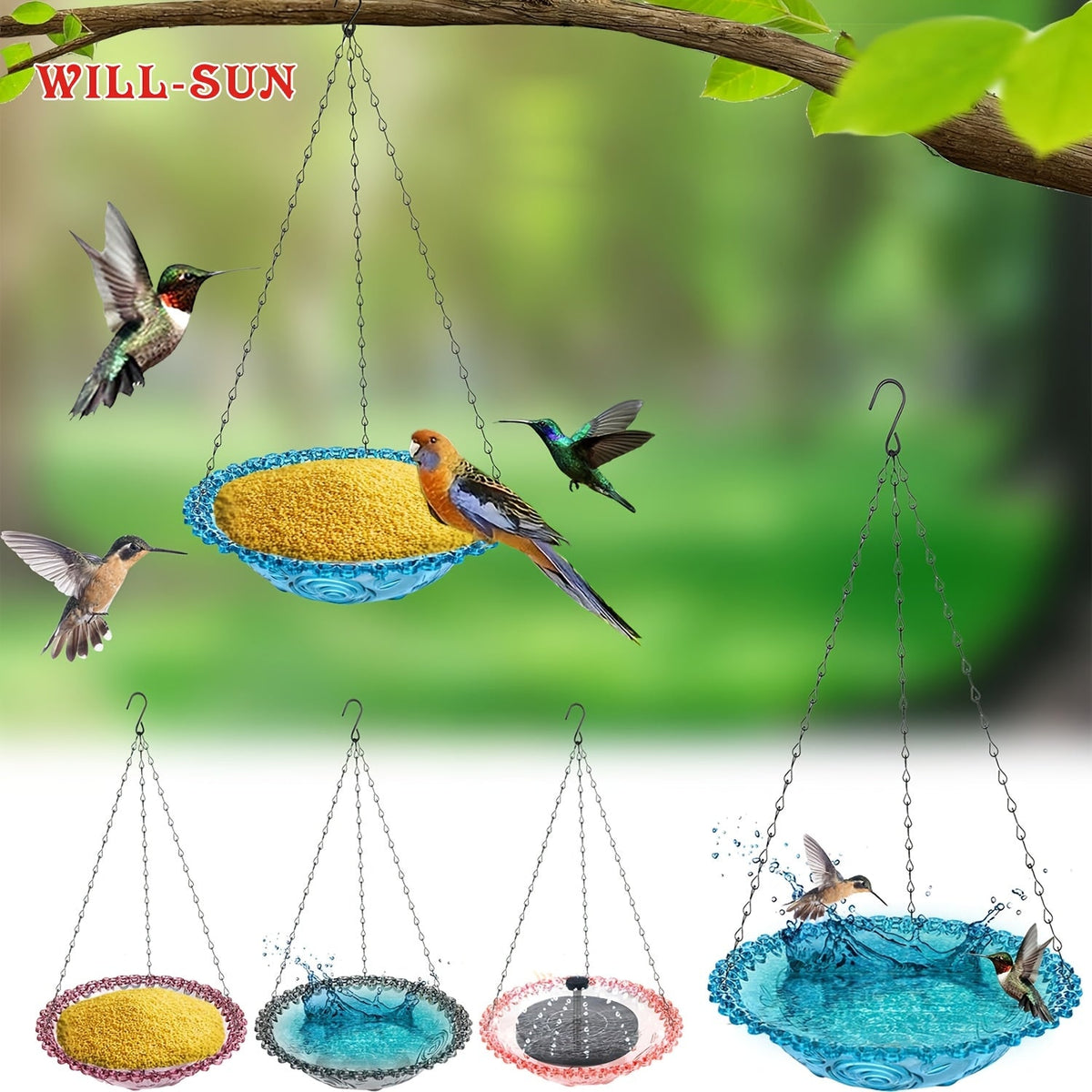 Hanging Bird Feeder 2-Pack with Chain - Decorative Double Bowl Bird Bath & Feeder for Outdoor Garden & Yard, Attracts Hummingbirds & Wild Birds, No Electricity Needed, Durable Plastic (4 Colors)