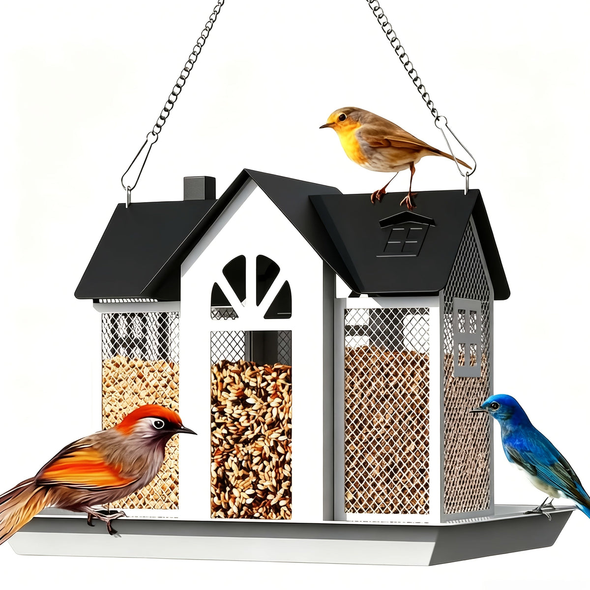Squirrel Proof Wild Bird Feeder Outdoor – 3-Chamber Metal Mesh Large Capacity Weatherproof Hanging Bird Feeder for Cardinals, Finches & Backyard Birds, Multiple Colors