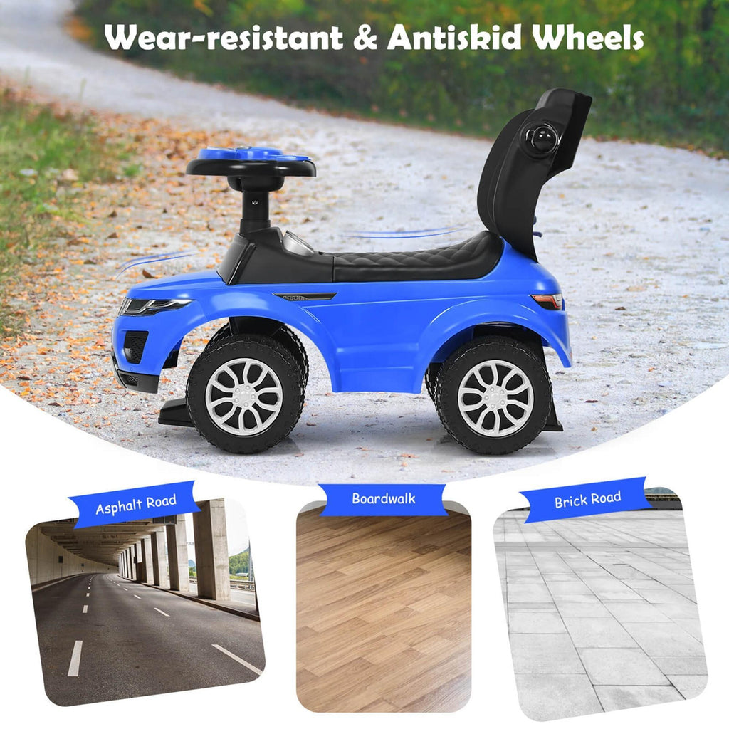 COSTWAY 3-in-1 Kids Ride-On Push Car Stroller Sliding Walking Car with Under-Seat Storage Parental Handle & Armrest Guardrails – Push Car for Boys & Girls Blue