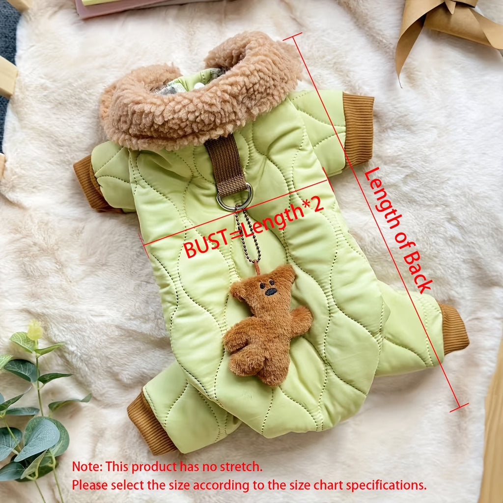 Pet Bodysuit Warm Onesie with Teddy Bear Pendant - Thickened Cat Dog Winter Jumpsuit, Snap Button Easy-On Design, Leash Loop Attached, Indoor Warm Pet Clothes for Cats & Small Dogs