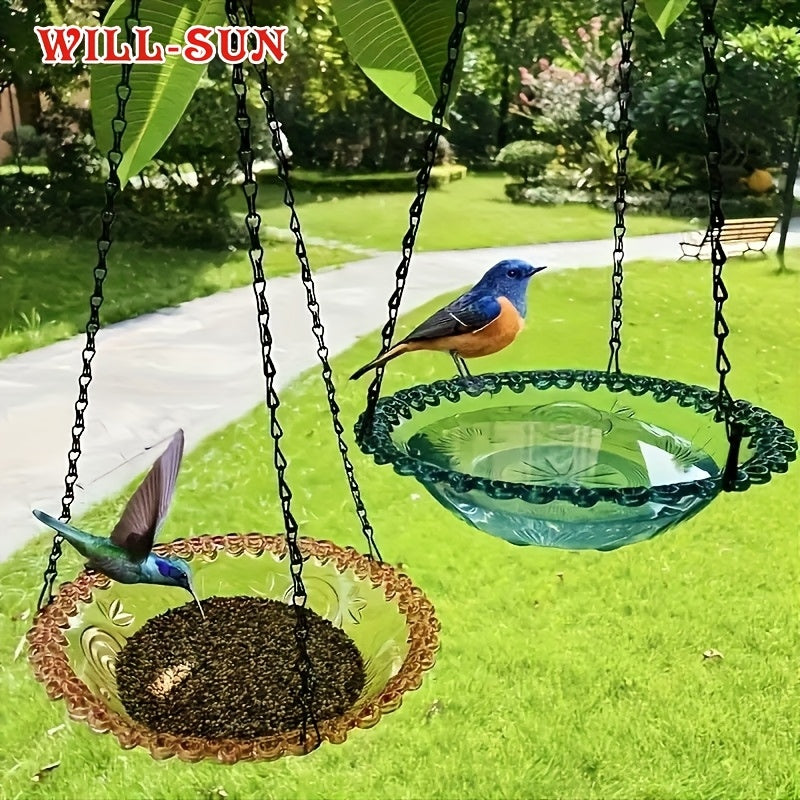 Hanging Bird Feeder 2-Pack with Chain - Decorative Double Bowl Bird Bath & Feeder for Outdoor Garden & Yard, Attracts Hummingbirds & Wild Birds, No Electricity Needed, Durable Plastic (4 Colors)