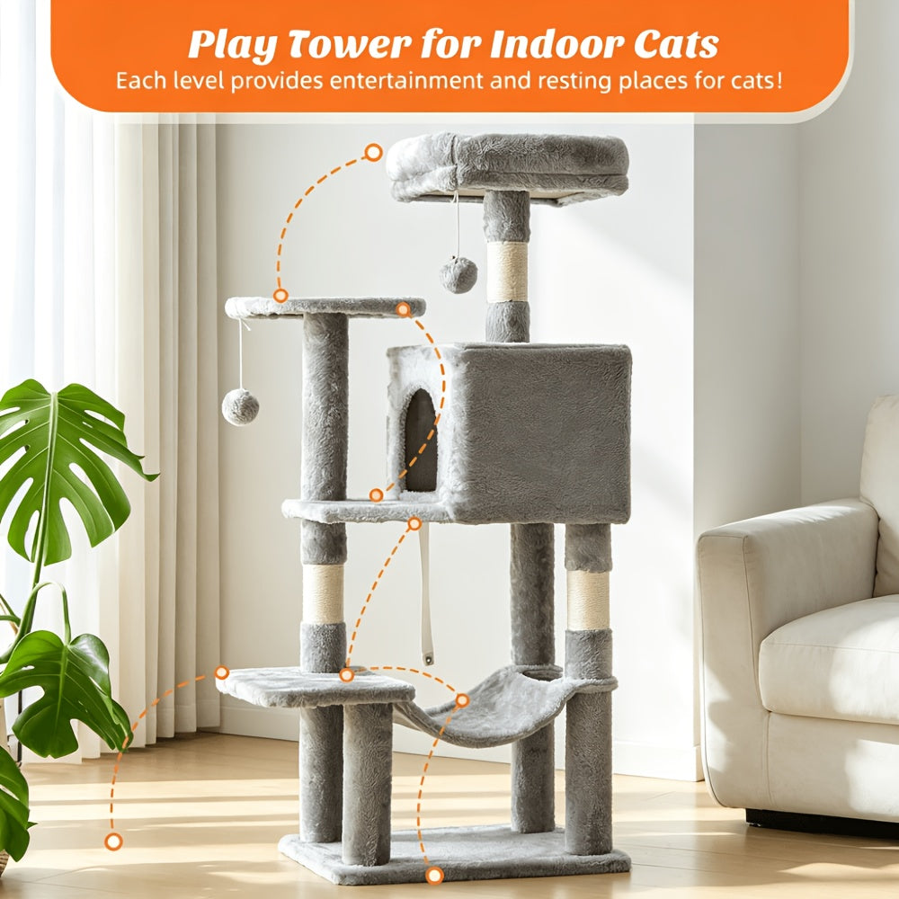 44 Inch Cat Tree Tower with Natural Sisal Scratch Posts, Large Hammock & Enclosed Cat Bed - Multi-Level Indoor Cat Climbing Structure for Large Cats & Multiple Cats, Modern Pet Furniture for Home