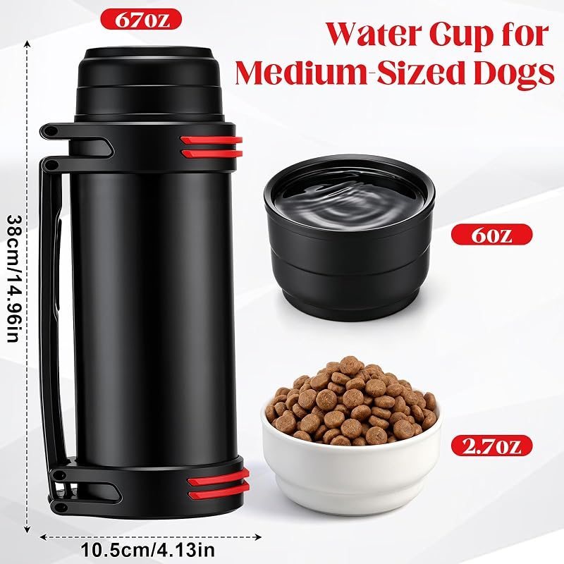 Large Dog Water Bottle 67oz Insulated Stainless Steel – Portable Travel Pet Drinker with Detachable Bowl Lid for Walking, Hiking & Camping, Leak-Proof for All Dog Sizes