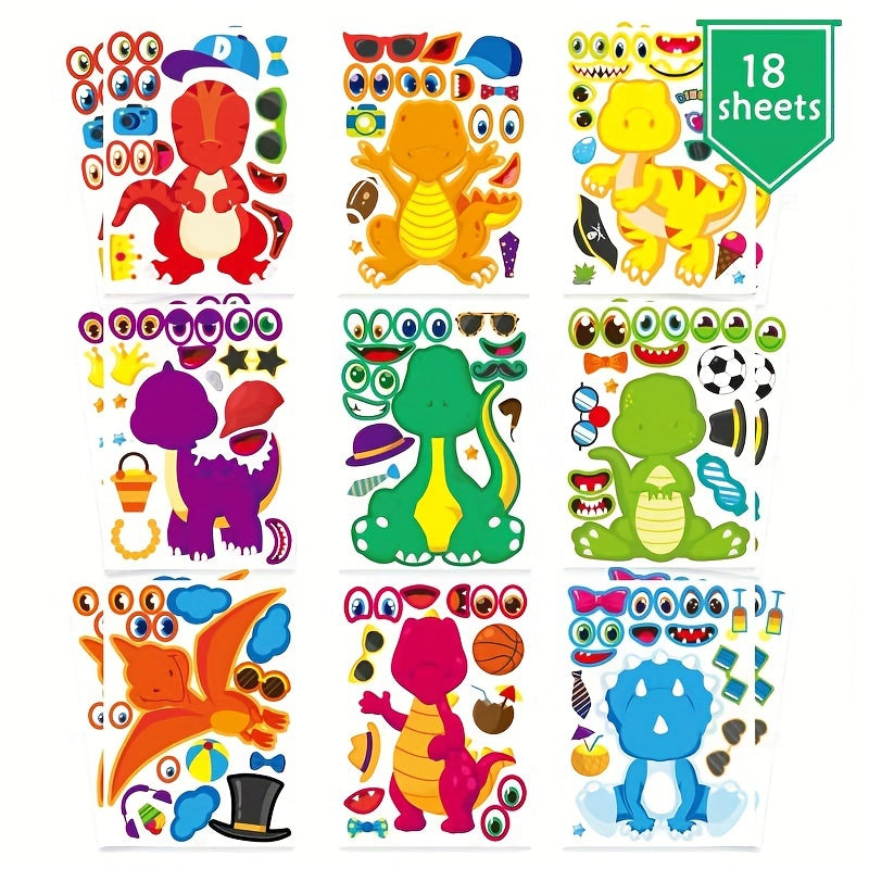 18 Sheets Dinosaur Make-a-Face Stickers for Kids – DIY Dinosaur Sticker Activity Sheets, Fun Craft Party Favors & Supplies for Dinosaur Themed Birthday Party, Goodie Bag Fillers for Boys & Girls
