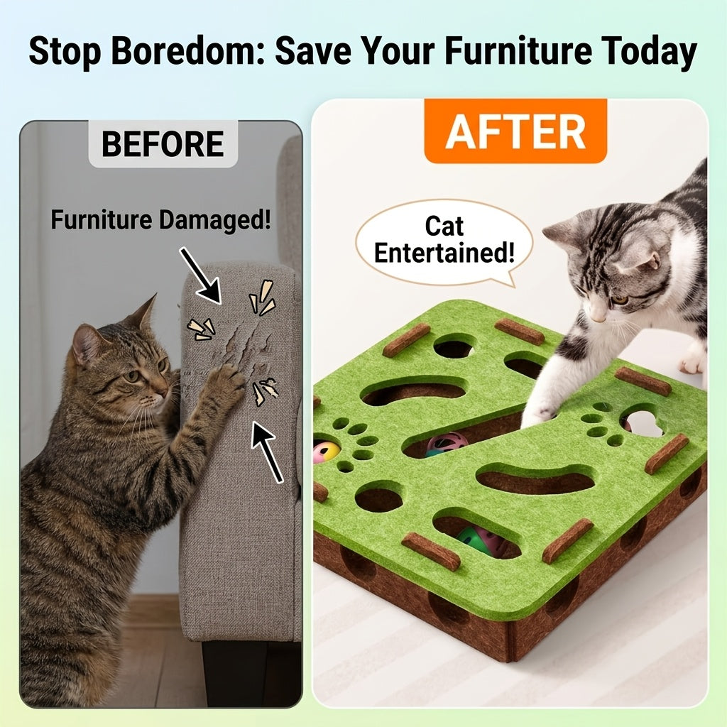 Felt Cat Treasure Hunt Maze Toy Tray - Interactive Ball Retrieval Educational Toy Box, No-Tool Assembly, Detachable Cover for Easy Cleaning, Scratch-Proof Thickened Felt, Upgraded Model, Green
