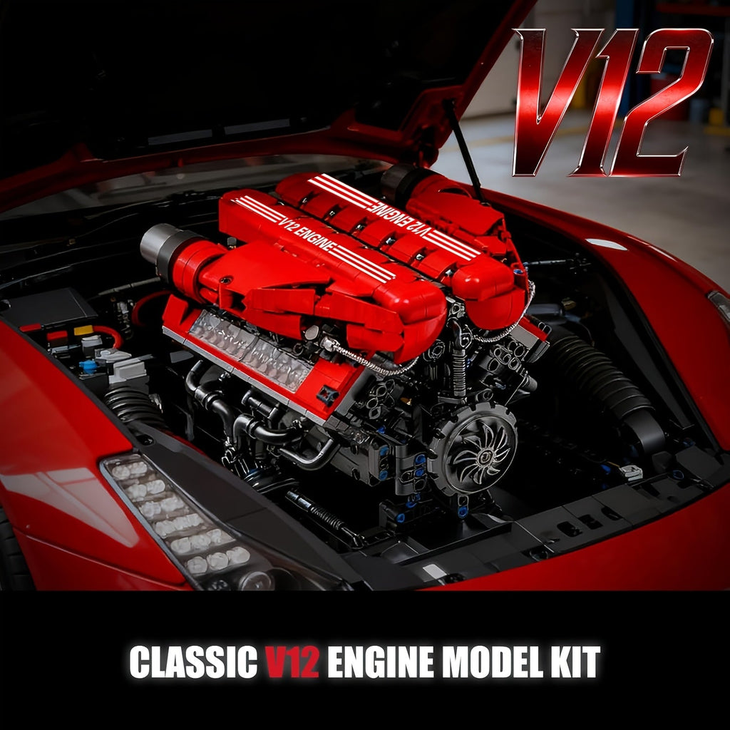 1607pcs Motorized V12 Engine Model Kit with Rechargeable Motor – Sports Car Engine Assembly Set, STEM Mechanical Engineering Building Toy, Group Build Collectible, Holiday Birthday Gift for Adults & Teens