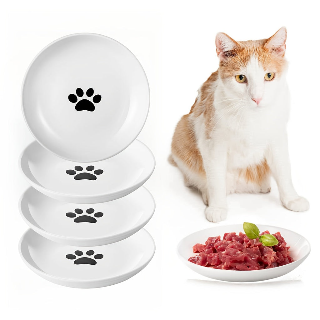 Ceramic Cat Bowl Set of 4 with Paw Print Design – Whisker-Friendly Pet Food & Water Dish for Dry & Wet Food, Multi-Bowl Feeding Set for Cats & Small Dogs, Dishwasher Safe & Easy to Clean